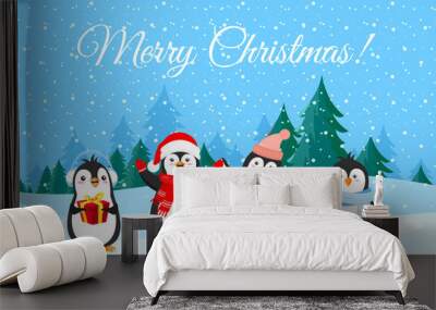 Vector illustration of cute penguins in Christmas clothes. Winter holidays banner, Merry Christmas greetings. Happy and funny penguins on winter forest background. Wall mural