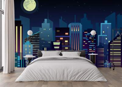 Vector illustration of night urban city landscape. Big modern city with skyscrapers in night time with lights in abstraction flat cartoon style. Wall mural