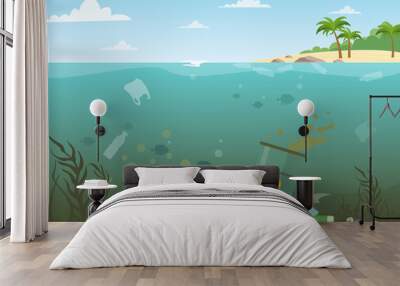 Vector illustration of ocean water full of dangerous waste at the bottom. Eco, water pollution concept. Garbage in the water, flat style. Wall mural