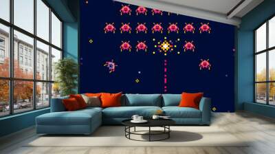 Vector illustration of old pixel art style Ufo space war game. Pixel monsters and spaceship. Retro game, 8 bit game concept, trendy 90s style. Wall mural