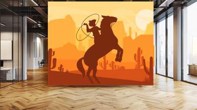 Vector illustration of silhouette of cowboy catching wild horse at sunset with beautiful Wild west Texas desert on background in flat style. Wall mural