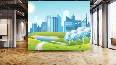 Vector illustration of solar power panels with sun and urban city skyscrapers skyline on green turquoise background. Eco green city theme. Ecological energy concept in flat cartoon style. Wall mural