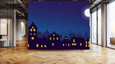 Vector illustration of the night town skyline with a full moon over urban houses rooftops in flat style. Wall mural