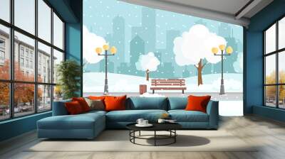 Vector illustration of winter city park with snow and big modern city background. Bench in winter city park, winter holidays concept in flat cartoon style. Wall mural