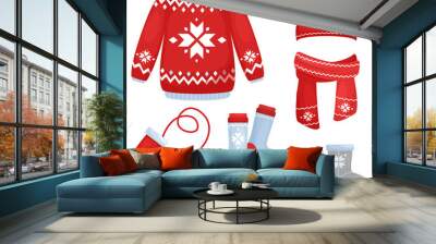 Vector illustration of winter clothes collection. Knitted hat and scarf, socks, hand gloves, sweater in Christmas style isolated on white background in cartoon flat style. Wall mural