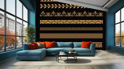 Vector illustration set of antique greek borders and seamless ornaments in golden color on black background in flat style. Greece concept elements. Wall mural