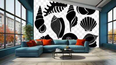 Vector illustration set of beautiful sea shells black silhouettes isolated on transparent background. Wall mural