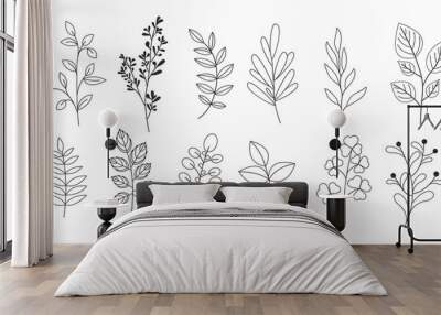 Vector illustration set of branches, leaves, twigs, garden grasses in line style for floral patterns, bouquets and compositions in white background. Elements for greeting cards. Wall mural