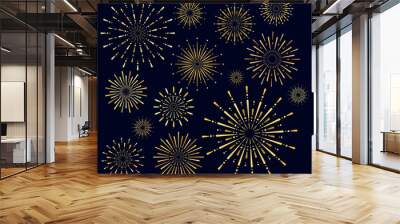 Vector illustration set of golden firework salute burst on dark background. Salute collection in night sky background. Wall mural