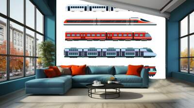 Vector illustration set of modern passenger trains. Subway transport, high speed trains and underground train. Metro train in flat style. Wall mural