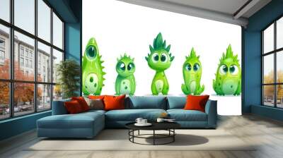 Vibrant alien life forms in various playful poses on a bright white background Wall mural