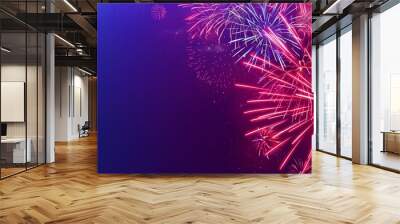 Vibrant fireworks display in a purple night sky, ideal for festive and celebration themes. Wall mural