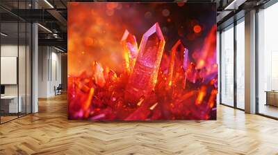 Vibrant orange and red crystal formations sparkle amidst a glowing, dreamy bokeh background. Wall mural