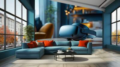 Virtual reality headset on a round wooden table in a modern living room with a sofa, decor items, and soft ambient lighting. Wall mural