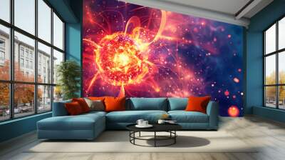 Vivid illustration of an abstract energy core with dynamic lines and particles in fiery colors. Wall mural