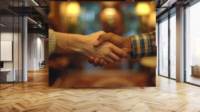 Warm handshake in an ambient room, showcasing mutual respect and agreement Wall mural