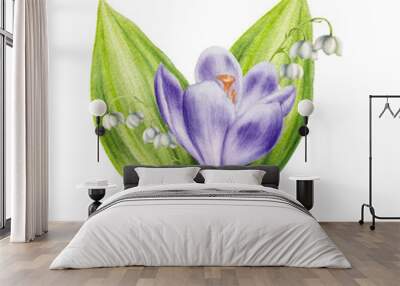 Watercolor bouquet of purple blooming crocus and lily of the valley flowers isolated on white background. Spring and easter botanical hand painted saffron illustration. For designers, wedding, decora Wall mural