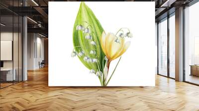 Watercolor bouquet of yellow blooming crocus and lily of the valley flowers isolated on white background. Spring and easter botanical hand painted saffron illustration. For designers, wedding, decora Wall mural