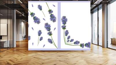 Watercolor hand painted nature floral two frames composition with purple, lilac lavender flowers branches and petals around on the white background for invite and greeting card with the space for text Wall mural