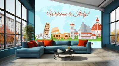 Welcome to Italy flat banner vector template. Famous italian architectural landmarks cartoon illustration with text. Tourist attractions, coliseum, pisa tower Wall mural