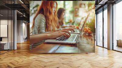 Women working together on laptops. AI. Wall mural