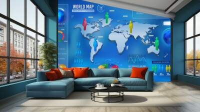 World map. 3D globe template. Web infographic with people pin indicators and arrows. Demographics icons. Navigation technology. Graph business network. Vector exact background design Wall mural