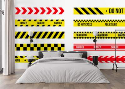 Yellow danger barriers. Warning red lines. Police adhesive tapes. Security caution ribbons. Attention barricades. Prohibited cordon borders. Vector current restricted zone boundaries set Wall mural