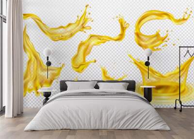 Yellow splash. Oil motion, lemon or pineapple juice, beer drip and drops. Liquid splashing, 3d water waves, advertising soda drink or honey. Realistic elements for design. Vector isolated set Wall mural