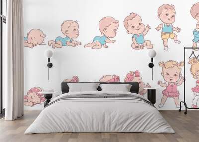 Baby girl and boy in row. Set of child health and development icons in line. Wall mural