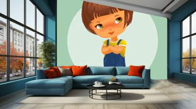 Portrait of cute little girl with brown hair wearing blue jeans jumpsuit, hands crossed. Vector illustration.
 Wall mural