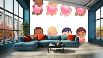 Set of round user pics with babies. Cute little baby girl and boy of various nations hold heart. Asian, african, caucasian, hispanic, arabic, indian, Chinese children. Avatar for social media blog. Wall mural