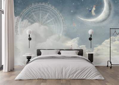 City of children on  fantastic clouds in the sky Wall mural