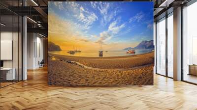 Colorful sea beach sunrise. Panoramic Olympos Beach, Cirali, Turkey Wall mural