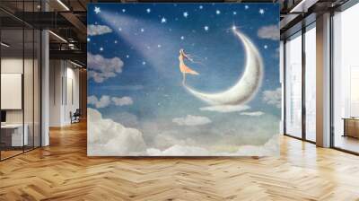 girl on moon admires the night sky - illustration art Wall mural