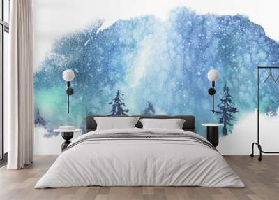 Milky Way stars over the forest. Watercolor stains. Wall mural