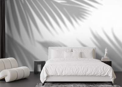 Realistic palm leaf shadow overlay effect isolated on transparent background. Tropical plant leaves blur shadows on a white wall. .White and Black for overlaying a photo or mockup Wall mural