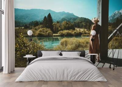 Woman enjoying freedom on nature outdoors. Travel Slovenia Europe. Wall mural