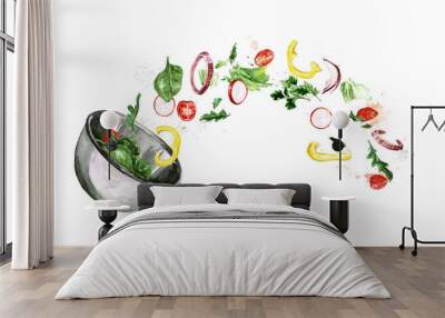 Fresh Salad, flying ingredients. Watercolor Illustration Wall mural