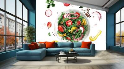 Fresh Salad, flying ingredients. Watercolor Illustration Wall mural