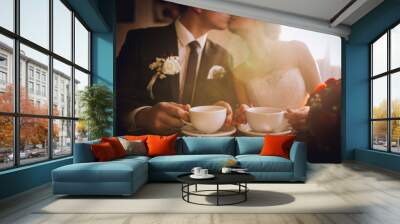 Bride and groom drinking coffee at cafe after their wedding. Posing and embracing newlyweds. Wall mural