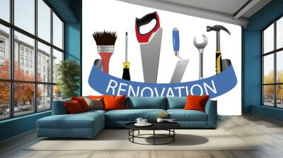 A set of tools. Concept logo for service renovation. Trowel, saw, hammer, wrench, screwdriver and brush. Vector Wall mural