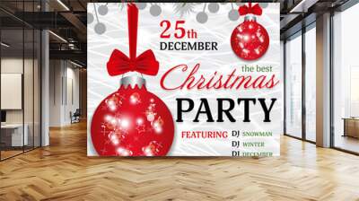 Christmas party invitation template background with fir branches and red berry and red balls with bow. Vector Wall mural