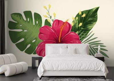 Composition of tropical flower hibiscus and leaves palm and monstera on a light background. Vector Wall mural