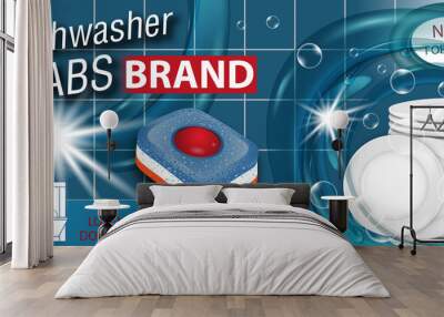 Dishwasher detergent tabs. Dish wash ads layout or banner. Package design realistic with plates and wineglass in water splash. Vector Wall mural