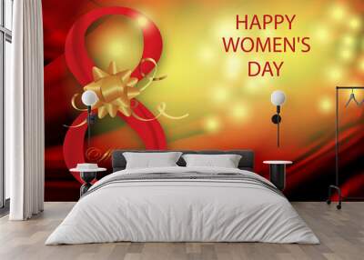 Red and yellow abstract background for Holiday March 8 International Women's Day with Digit eight decorated bow and ribbons. Vector Wall mural