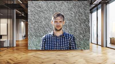 man wet under rain farmer hat enjoy prayer happy upset heavy wet water shower sun summer pray Wall mural