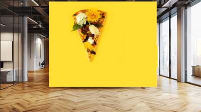 piece pizza slice yellow background flower dandelion green yellow bouquet bunch tulip Wall mural