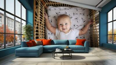 baby lying in wicker crib, top view and emotions Wall mural