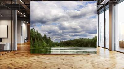 Beautiful cloudy sky over forest lake, summer landscape Wall mural