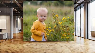 Cute Caucasian child in a field with yellow flowers, natural childhood. Toddler girl in a yellow sweater on the field Wall mural